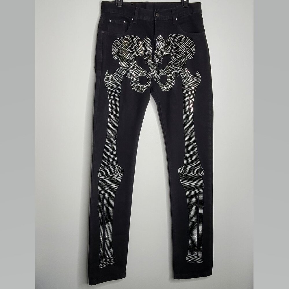 MNML Streetwear Black Studded Skull Jeans 31x35 HALLOWEEN Skeleton Bones Leg